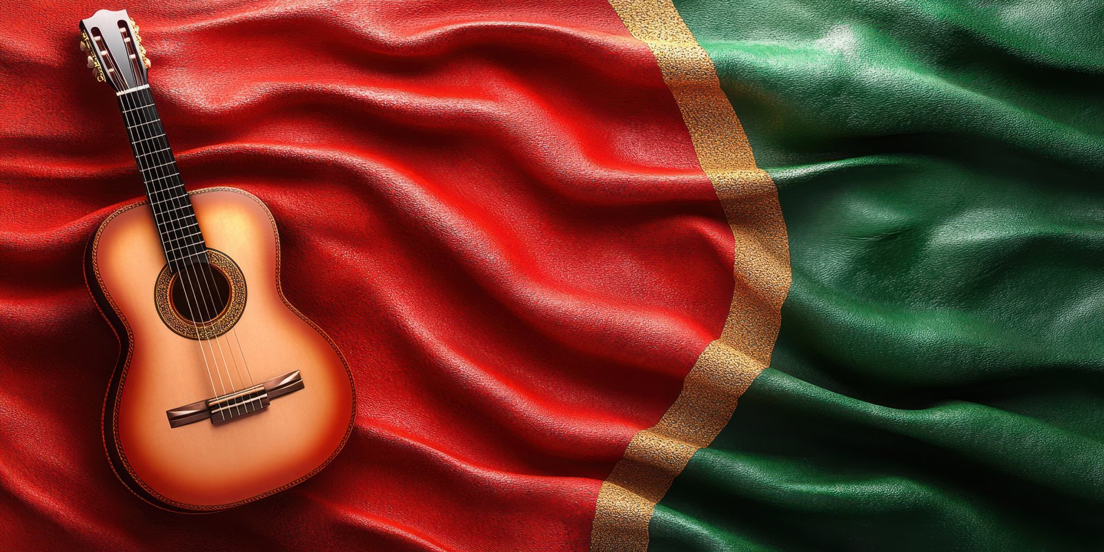 Guitar placed on vibrant fabric featuring green and red colors symbolizing cultural heritage